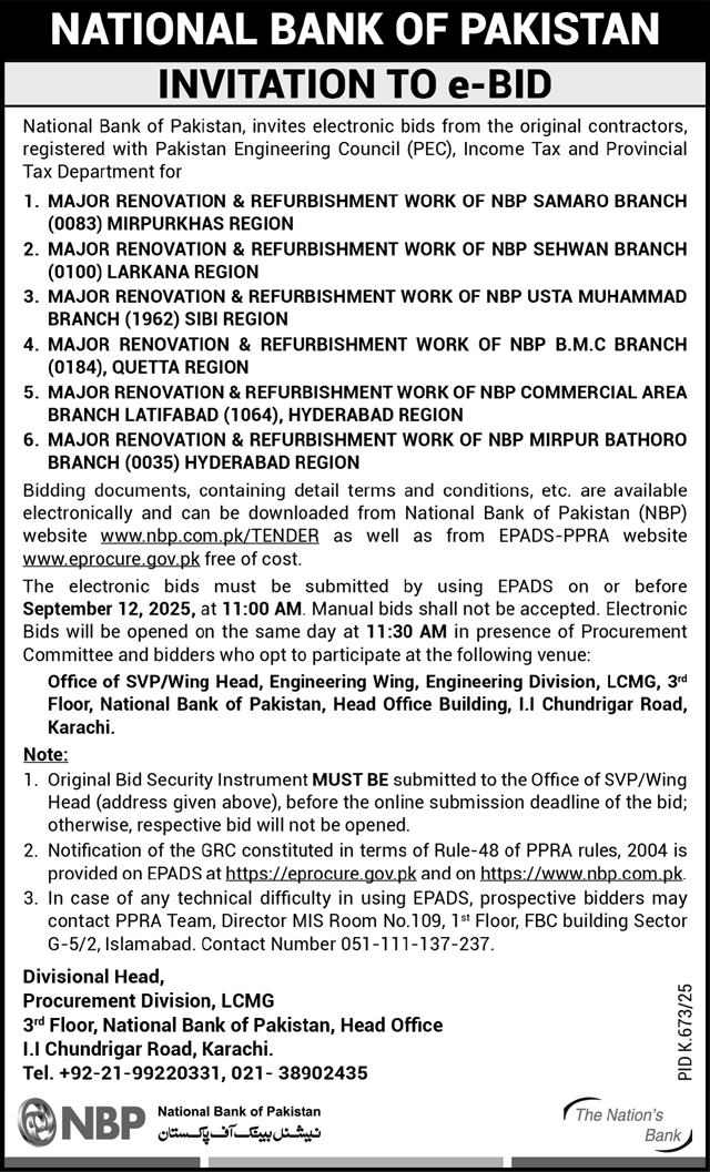National Bank of Pakistan Tender Notice